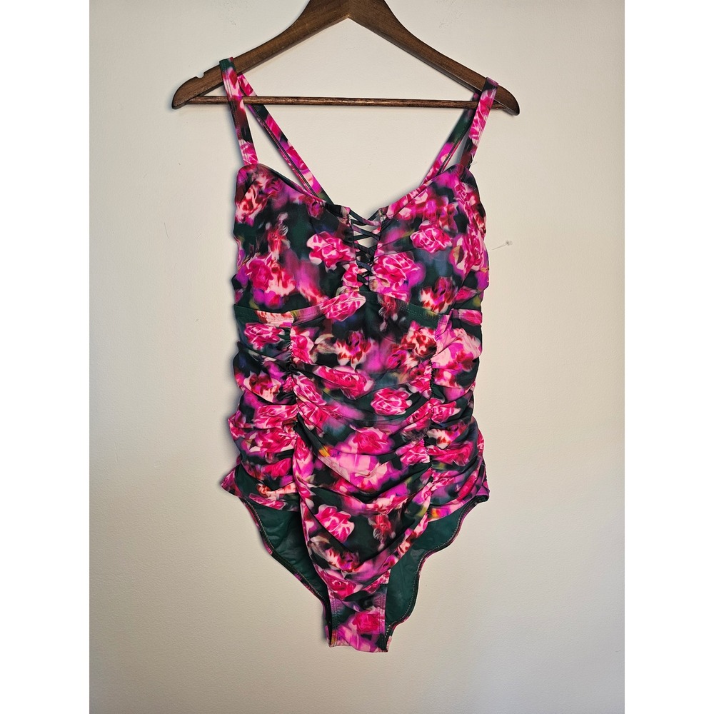 [Floral] Torrid One Piece Swimsuit Women 2 Pink Green Ruched Lattice Rose Print